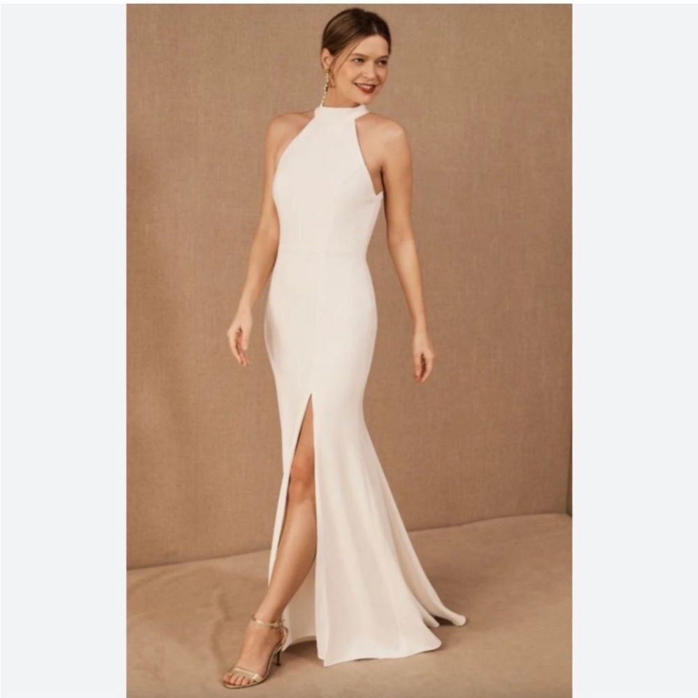 BHLD High Neckline Juliana Stretch Crepe Maxi Dress, side slit silhouette Size 2